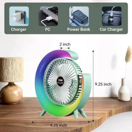 Colorful USB Rechargeable Desktop Fan | Silent Cooling, LED Ambient Light, 3-Speed Rotation