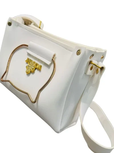 White Elegant Cat Handle Handbag for Girls & Ladies | Stylish Shoulder & Crossbody Bag with Gold Accents | Adjustable Strap