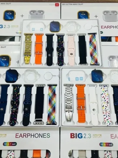 i20 Ultra Max Suit Smartwatch & Earbuds Combo | 10-in-1 Set with 7 Straps | Random Colors