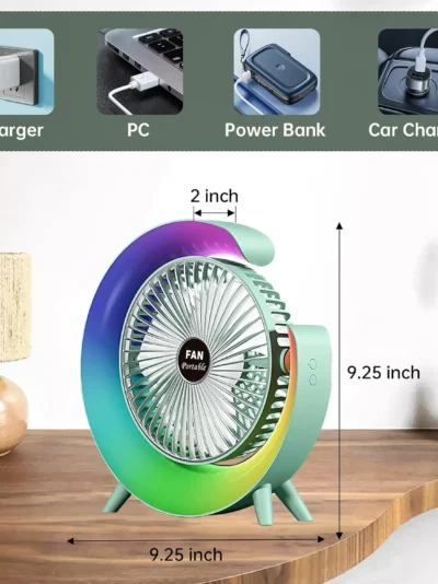 Colorful USB Rechargeable Desktop Fan | Silent Cooling, LED Ambient Light, 3-Speed Rotation