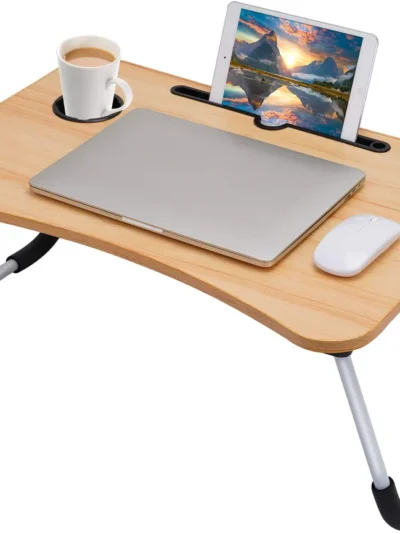 Laptop Table Foldable with Tablet Groove & Cup Slot | Beige Color | Multi-Purpose Desk for Work, Study, and Meals