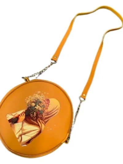 Round Retro Crossbody Handbag | Caramel Faux Leather with Artistic Print for Women