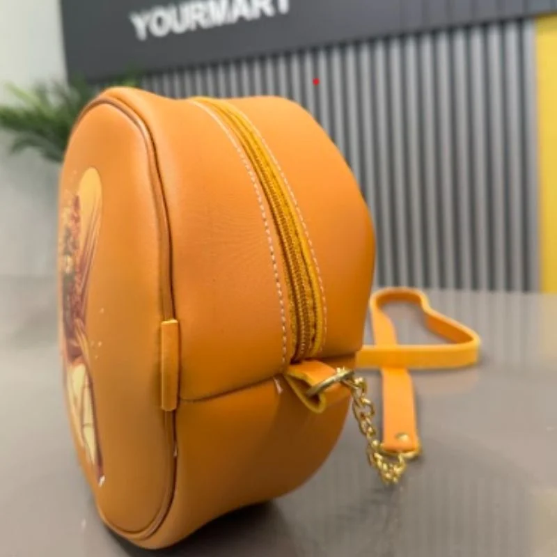 Round Retro Crossbody Handbag | Caramel Faux Leather with Artistic Print for Women - Image 3